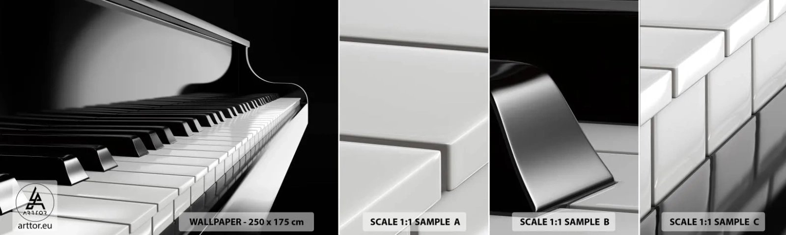 Provbit av självhäftande fototapet Deluxe Sticker - Harmoni av former och färger - Piano, Piano, musik - 100x30 cm