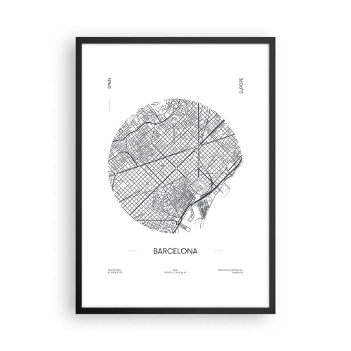 Affisch i svart ram - En minimalistisk karta över Barcelona i svartvitt. - 50x70cm - Barcelonas anatomi - Modern väggdekoration för vardagsrum och sovrum ARTTOR