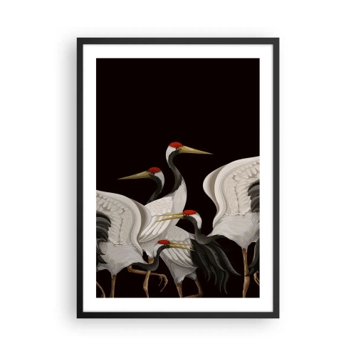 Affisch i svart ram - Eleganta tranor på en mörk bakgrund i orientalisk stil - 50x70cm - Fågelärenden - Modern väggdekoration för vardagsrum och sovrum ARTTOR