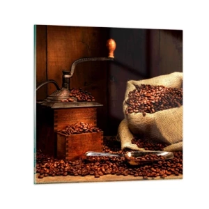 Glastavla - Bild på glas - Stilleben med kaffebönor och kvarn - 30x30 cm