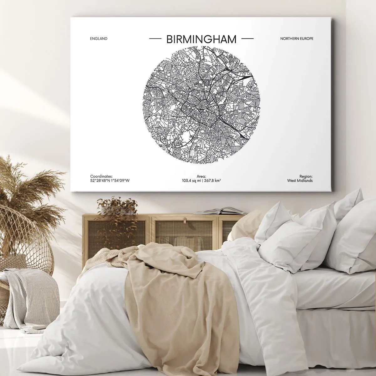Canvastavla - Bild på duk - En minimalistisk svartvit karta över Birmingham med exakta detaljer. - 70x50cm - Birminghams anatomi - Modern väggdekoration för vardagsrum och sovrum ARTTOR