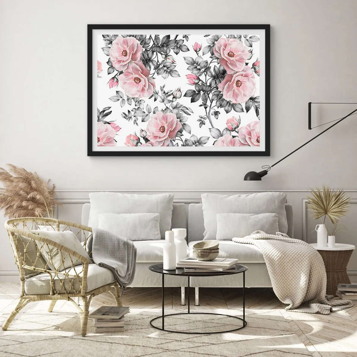 Affisch i svart ram - Tappa sig i rosblommorna - 50x40 cm