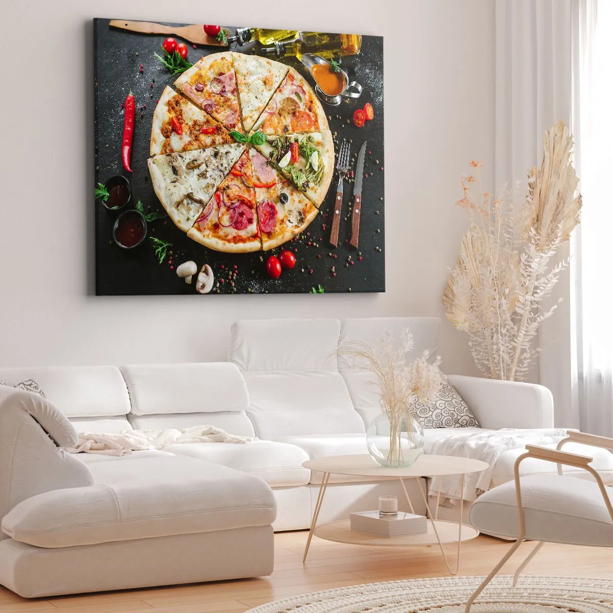 Canvastavla - Bild på duk - Pizza i olika smaker med en bakgrund av pålägg - 70x50cm - Smakurval - Modern väggdekoration för vardagsrum och sovrum ARTTOR
