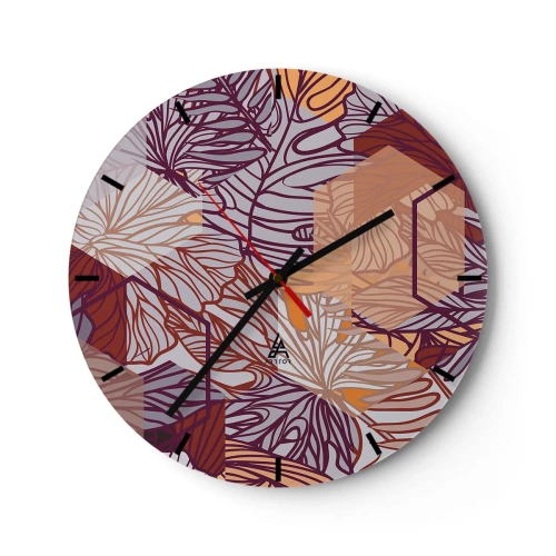 Väggklocka - Klocka på glas - Abstrakta löv i nyanser av lila, orange och beige - 30x30cm - Ett möjligt förhållande mellan geometrin och naturen - Modern väggdekoration för vardagsrum, kök och sovrum ARTTOR