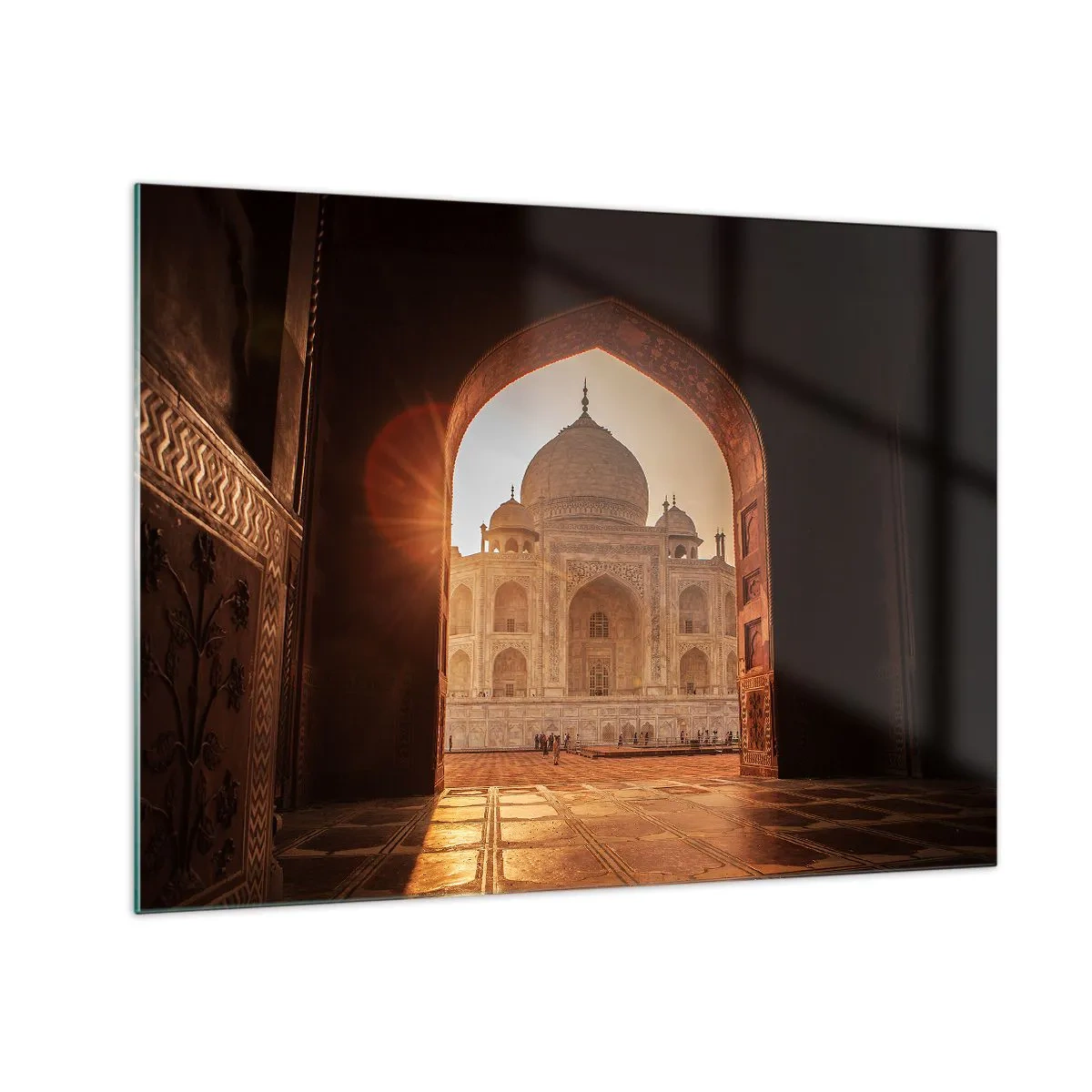 Glastavla - Bild på glas - Solnedgång över en monumental byggnad sedd genom en båge - 70x50cm - Ett monument över överjordisk kärlek - Modern väggdekoration för vardagsrum och sovrum ARTTOR