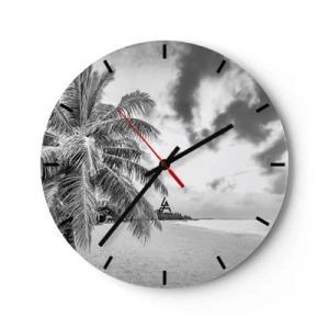 Väggklocka - Klocka på glas - Strand med palmer i svartvitt - 30x30cm - När du längtar efter ensamheten... - Modern väggdekoration för vardagsrum, kök och sovrum ARTTOR