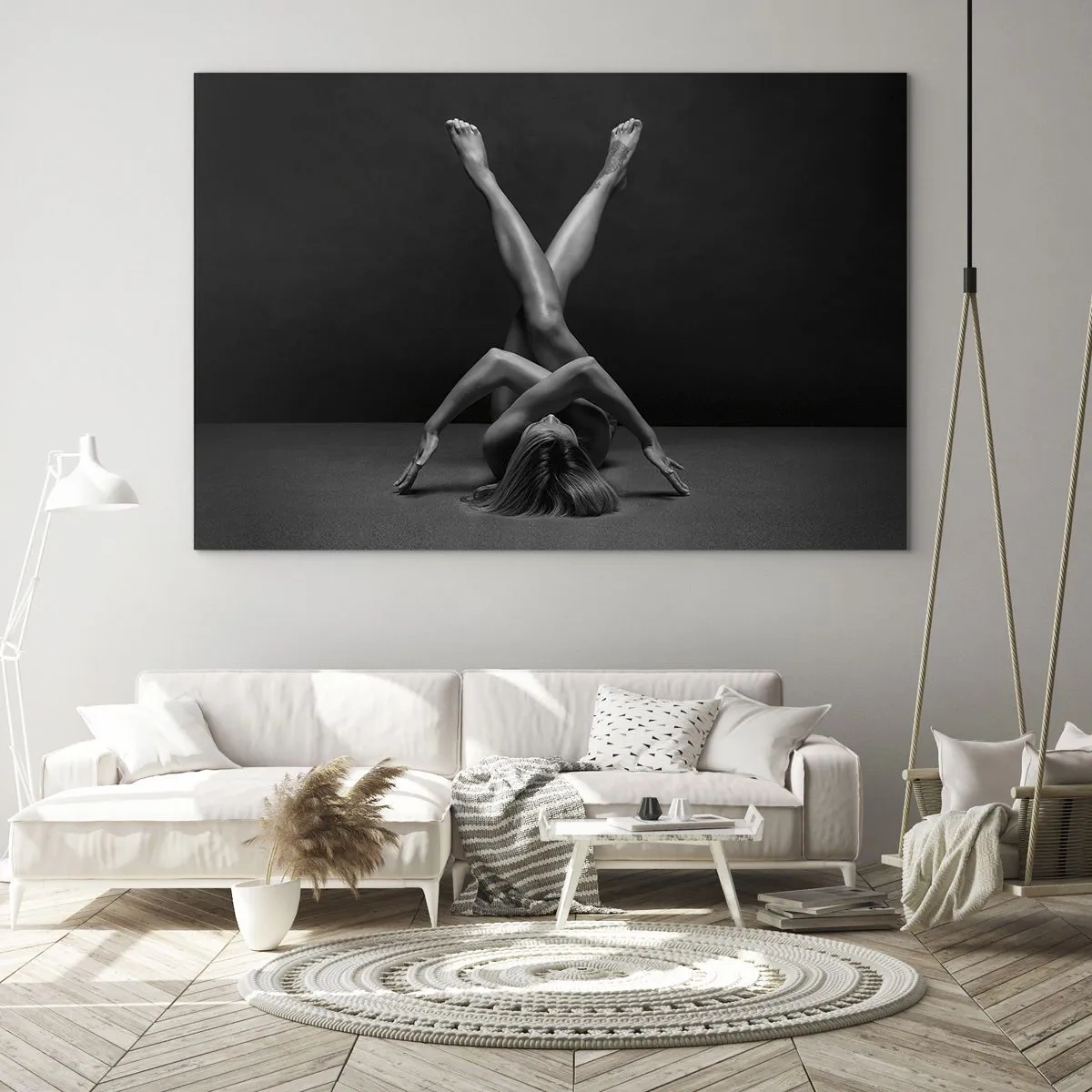 Glastavla - Bild på glas - Kvinnlig nakenhet i en geometrisk kroppskomposition - 70x50cm - Nakenhetens geometri - Modern väggdekoration för vardagsrum och sovrum ARTTOR