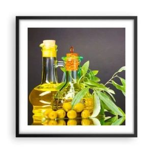 Affisch i svart ram - Stilleben med oliver och olivolja - 50x50 cm
