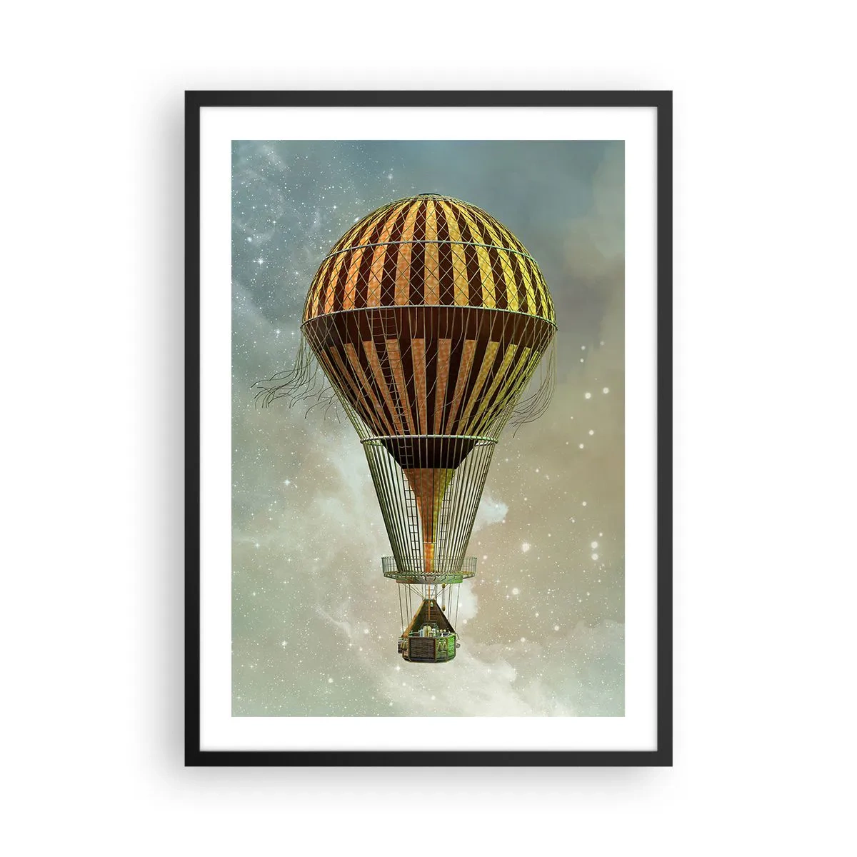 Affisch i svart ram - En gyllene ballong som svävar i yttre rymden - 50x70cm - Banbrytande flygningar - Modern väggdekoration för vardagsrum och sovrum ARTTOR