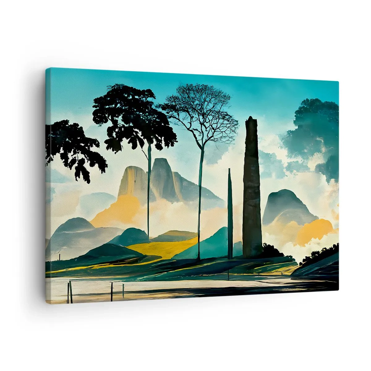 Canvastavla - Bild på duk - Ett pittoreskt landskap med träd och berg i bakgrunden - 70x50cm - Fortfarande högre och högre - Modern väggdekoration för vardagsrum och sovrum ARTTOR