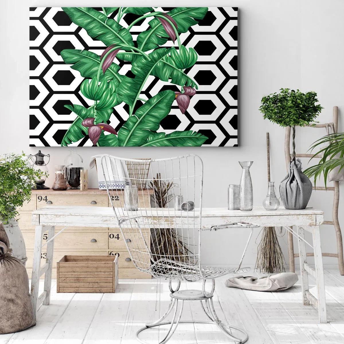 Canvastavla - Bild på duk - Tropiska löv på en geometrisk bakgrund - 70x50cm - Symmetrisk komposition från naturen - Modern väggdekoration för vardagsrum och sovrum ARTTOR