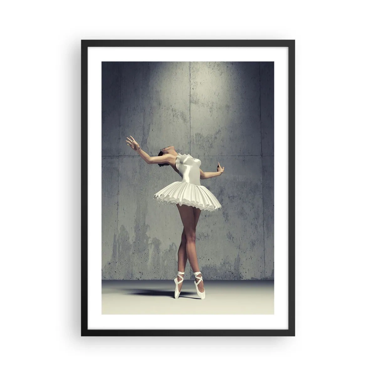 Affisch i svart ram - En ballerina i vit klänning mot bakgrund av en rå betongvägg. - 50x70cm - Lätt som en fågel - Modern väggdekoration för vardagsrum och sovrum ARTTOR