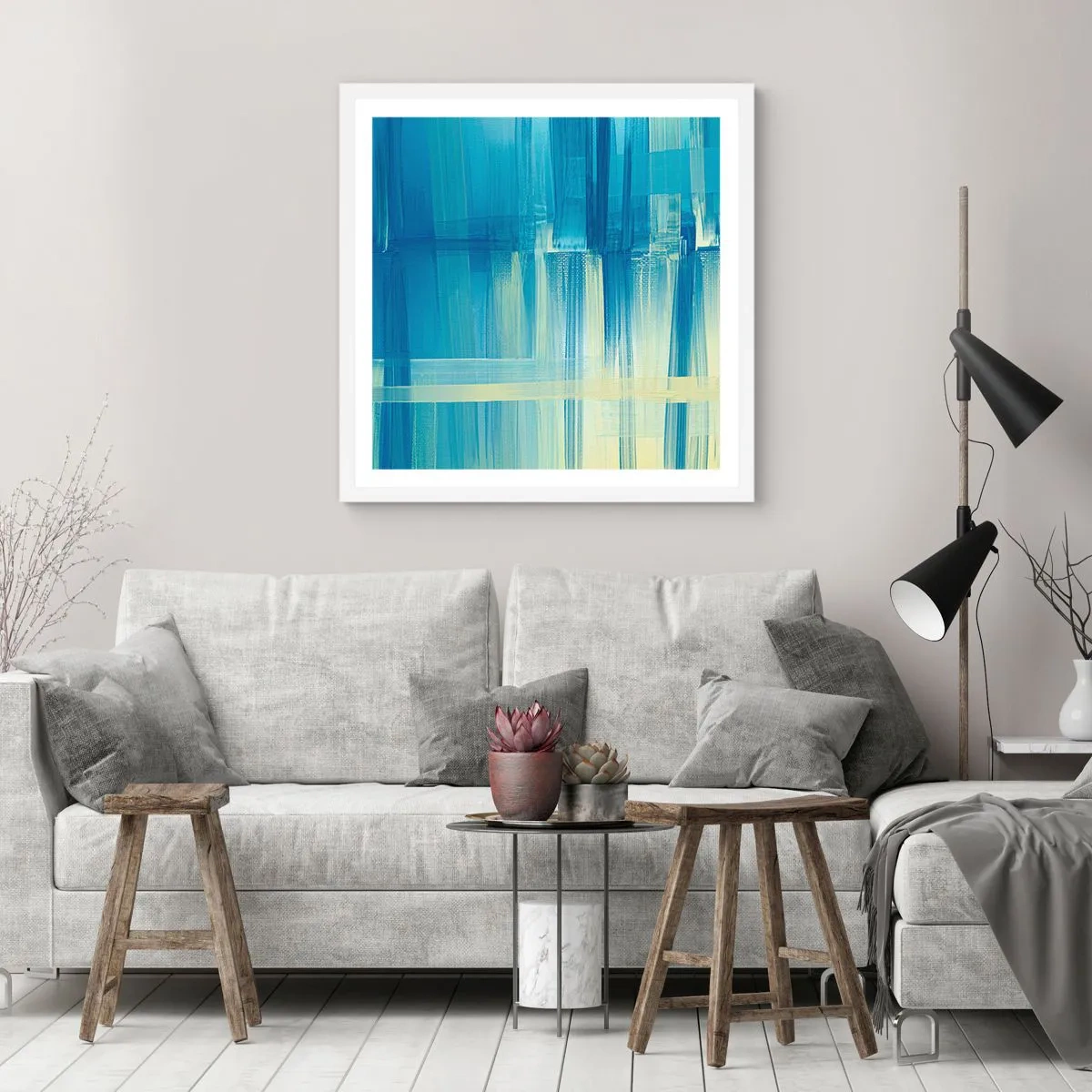 Affisch i vit ram - Komposition i turkos - 60x60 cm