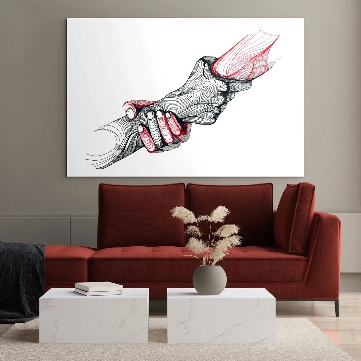 Glastavla - Bild på glas - Abstrakt teckning av två händer i ett handslag - 70x50cm - Du är i goda händer - Modern väggdekoration för vardagsrum och sovrum ARTTOR