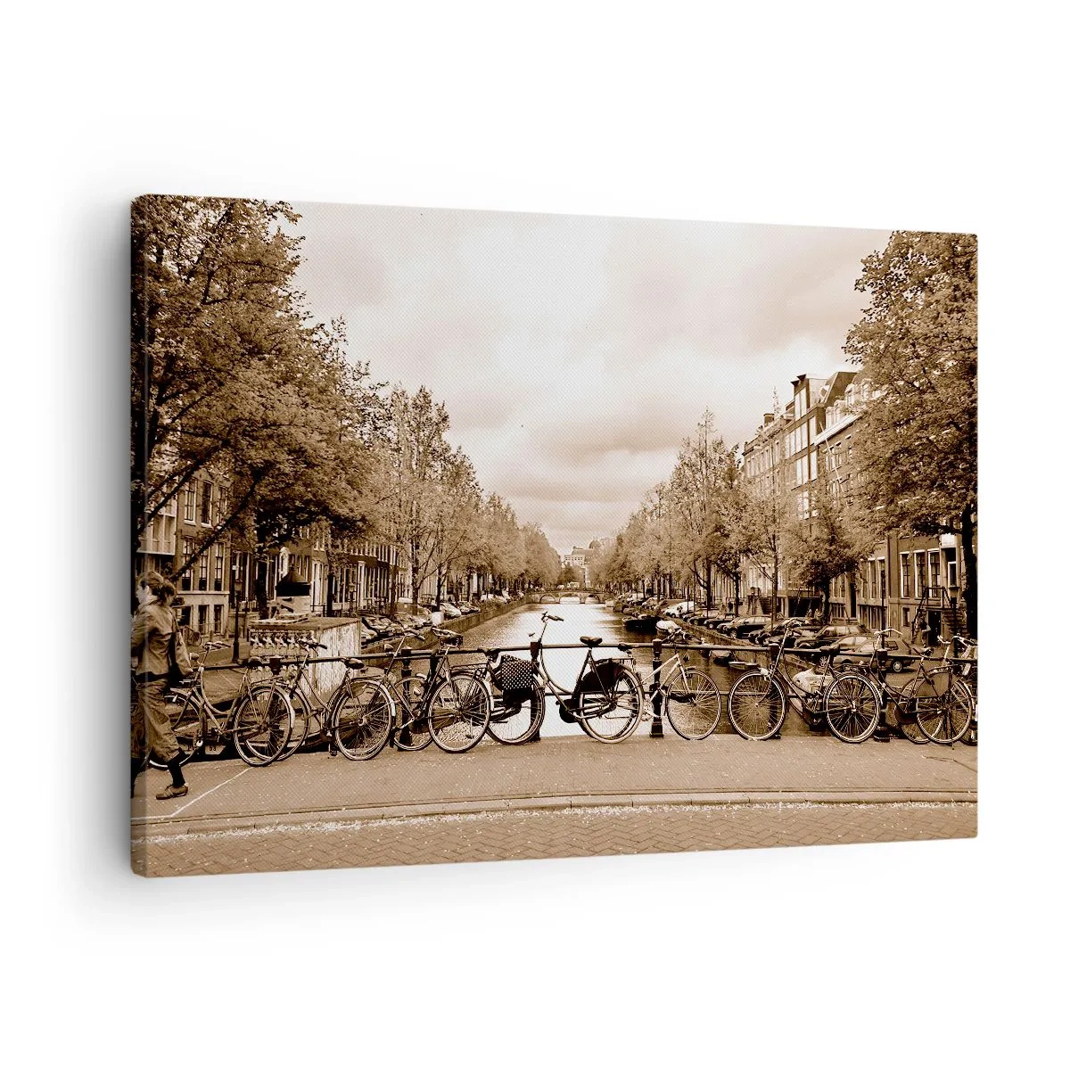 Canvastavla - Bild på duk - Cykelbro över kanalen i sepia - 70x50cm - Holländsk stämning - Modern väggdekoration för vardagsrum och sovrum ARTTOR