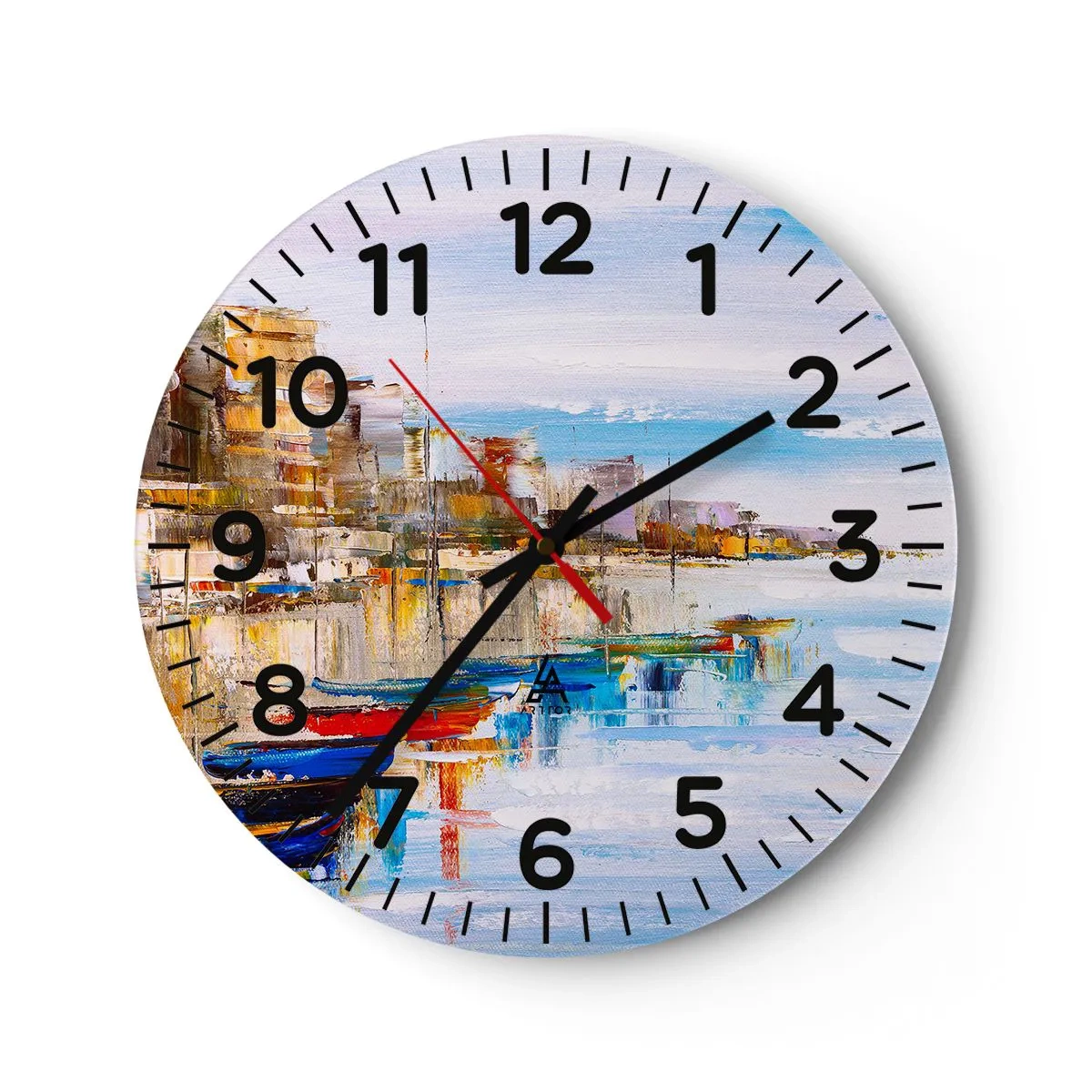Väggklocka - Klocka på glas - Flerfärgad urban hamn - 40x40 cm