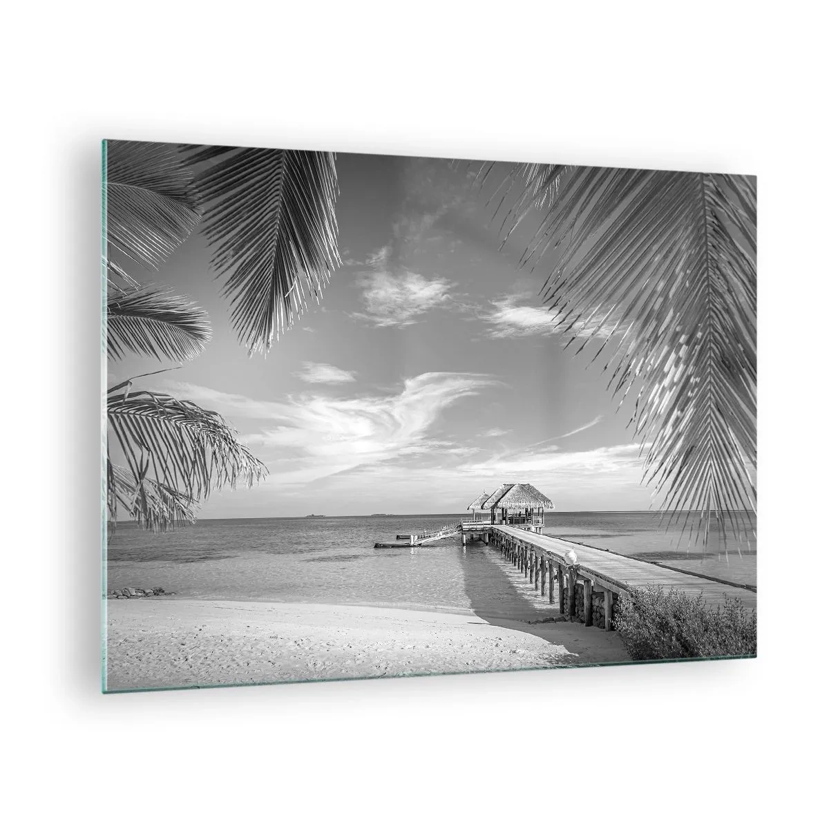 Glastavla - Bild på glas - Svartvit bild av en tropisk strand med en brygga - 70x50cm - Minne eller dröm? - Modern väggdekoration för vardagsrum och sovrum ARTTOR