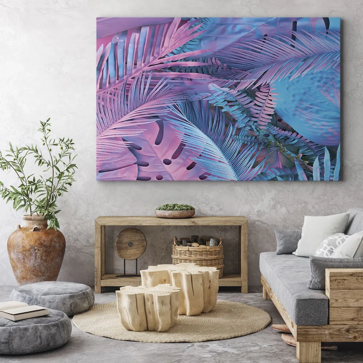 Canvastavla - Bild på duk - Tropiska löv i nyanser av rosa och blått - 70x50cm - Tropiken i rosa och blått - Modern väggdekoration för vardagsrum och sovrum ARTTOR
