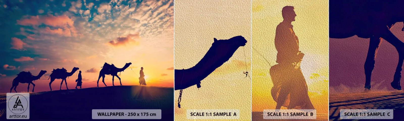 Provbit av fototapet Premium Sand - Orientens hemliga ande - Landskap, Öken, Kamel - 100x30 cm