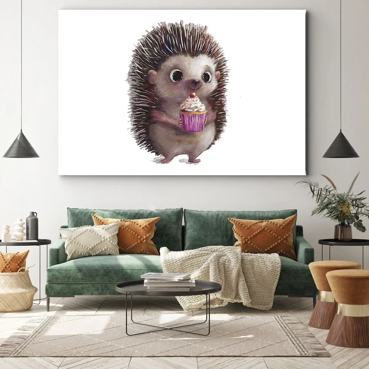 Canvastavla - Bild på duk - En söt igelkott med en muffin - 70x50cm - Varje dag är helgdag - Modern väggdekoration för vardagsrum och sovrum ARTTOR