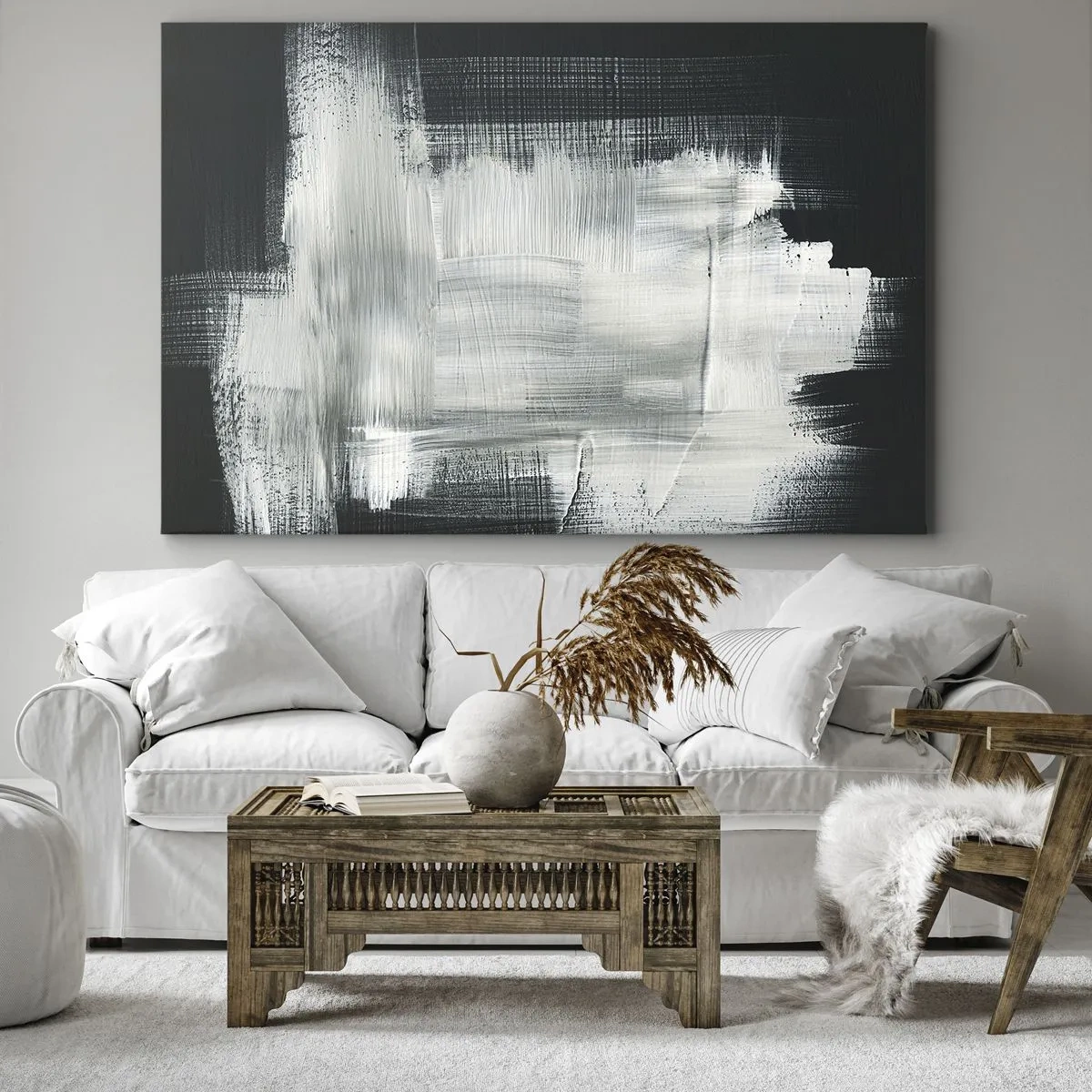 Canvastavla - Bild på duk - Vita abstrakta streck på en mörk bakgrund - 70x50cm - Vävd av det vertikala och horisontella - Modern väggdekoration för vardagsrum och sovrum ARTTOR