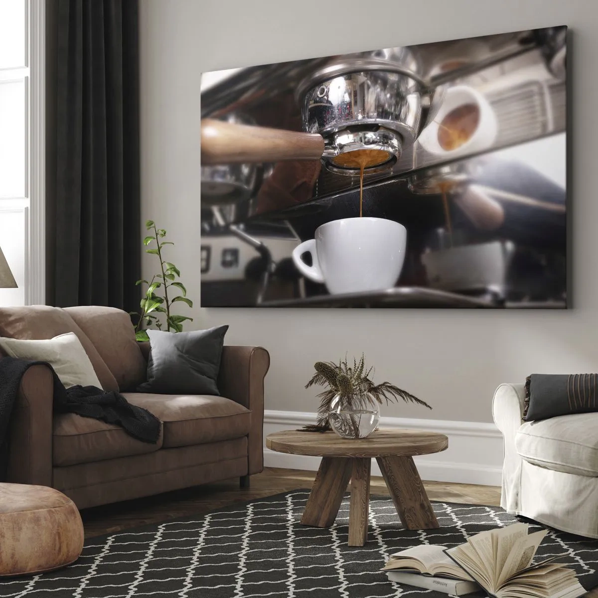 Canvastavla - Bild på duk - Närbild av en kaffemaskin som förbereder en färsk espresso - 70x50cm - En bra stund på dagen - Modern väggdekoration för vardagsrum och sovrum ARTTOR