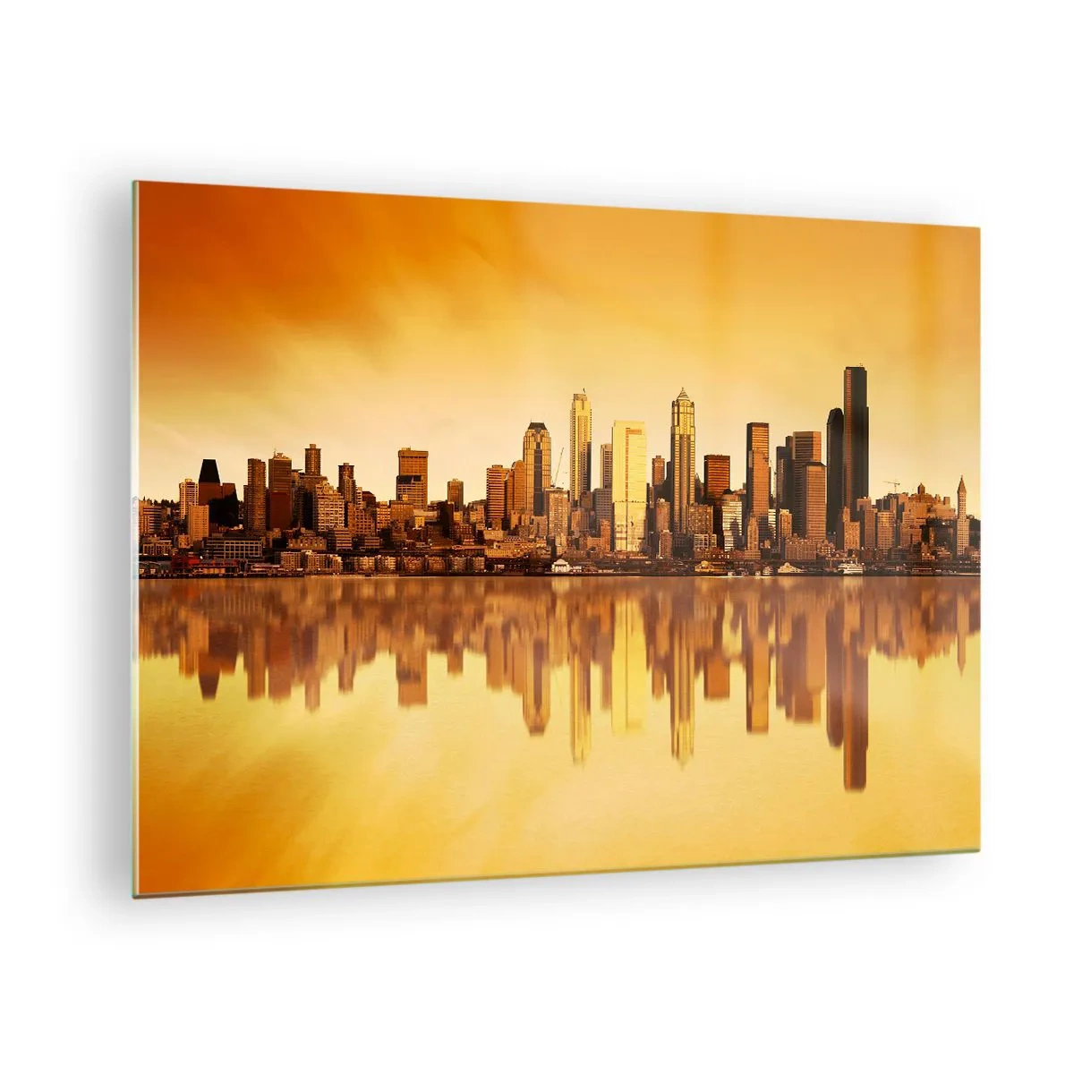 Glastavla - Bild på glas - Panorama över staden i solnedgångens gyllene ljus - 70x50cm - Metropolens tystnad - Modern väggdekoration för vardagsrum och sovrum ARTTOR