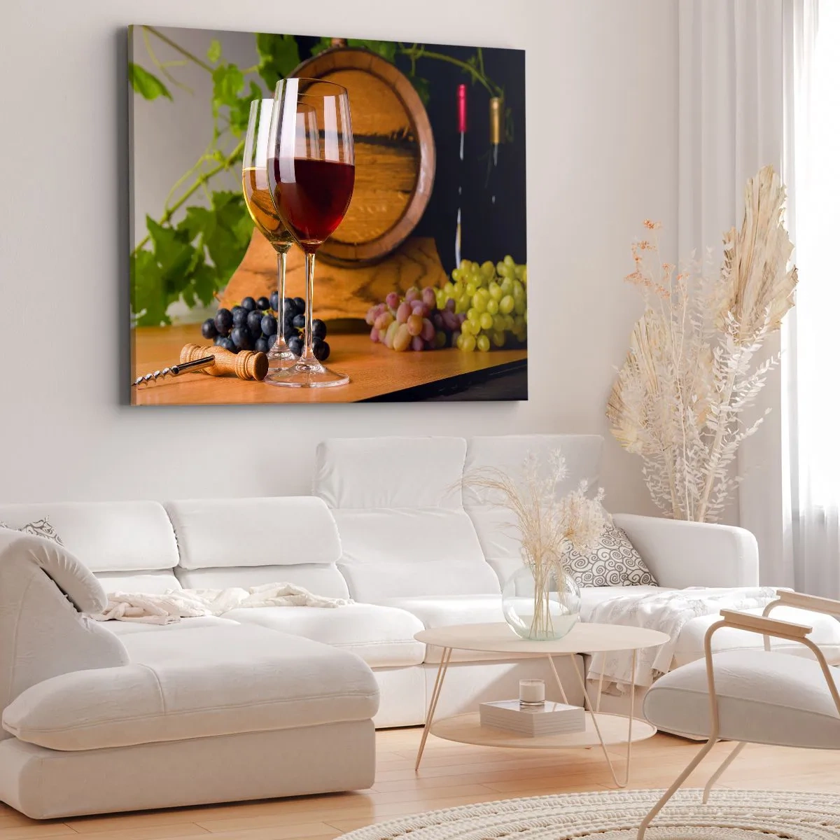 Canvastavla - Bild på duk - Glas vin med druvor, ett fat och flaskor på ett träbord - 70x50cm - Som hos gamla mästare - Modern väggdekoration för vardagsrum och sovrum ARTTOR