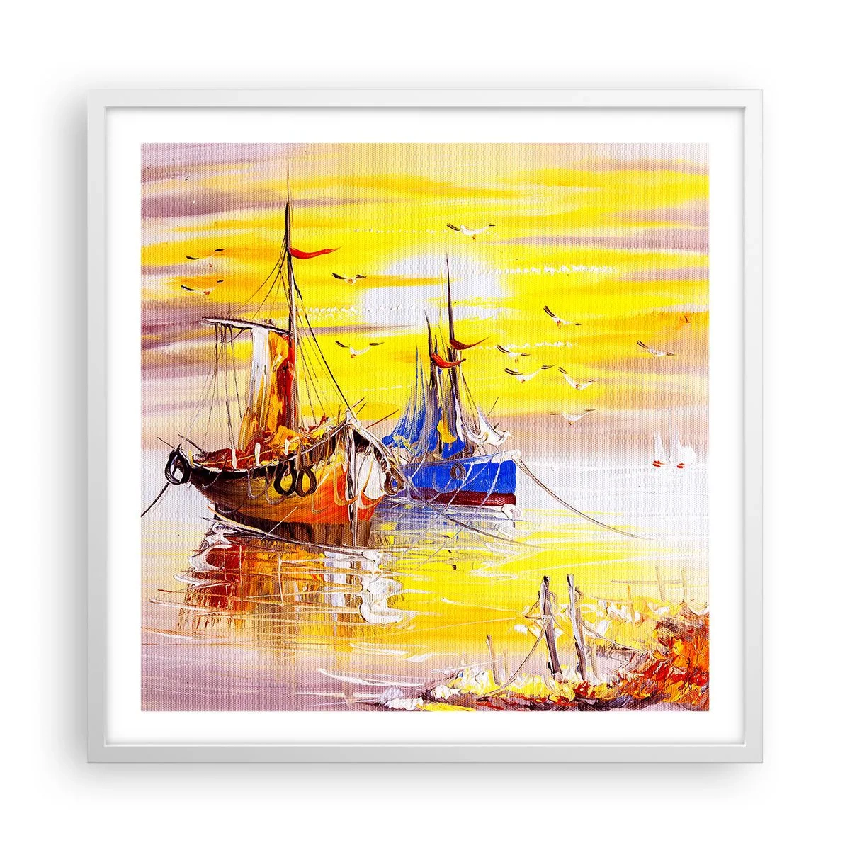 Affisch i vit ram - Välförtjänt vila i hamnen - 60x60 cm