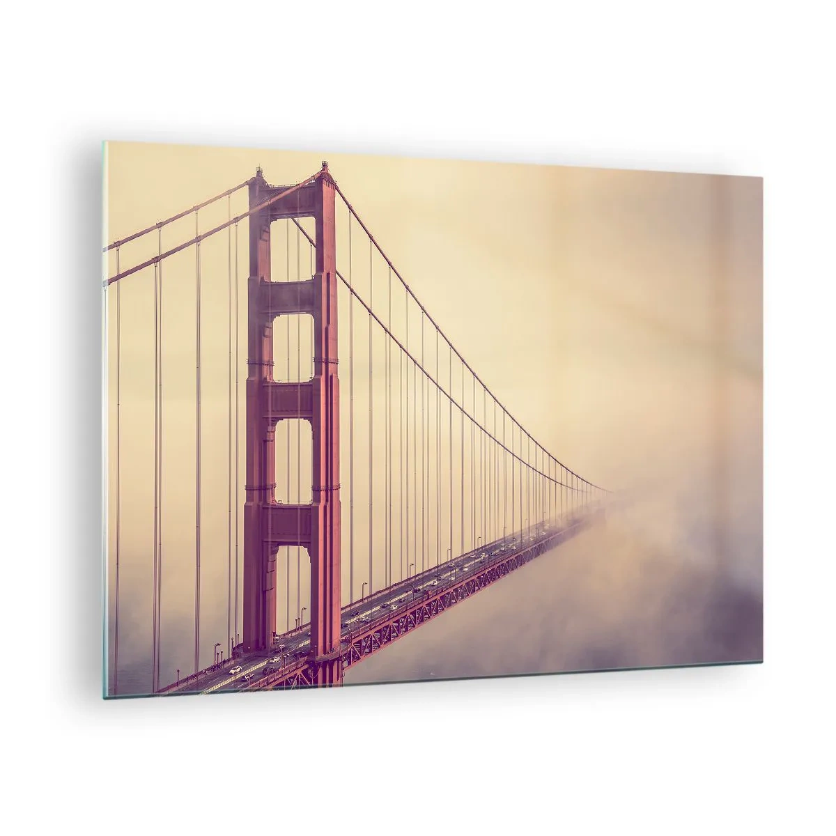 Glastavla - Bild på glas - San Franciscos Golden Gate-bron i ett dimmigt landskap - 70x50cm - Mellan himlen och jorden - Modern väggdekoration för vardagsrum och sovrum ARTTOR