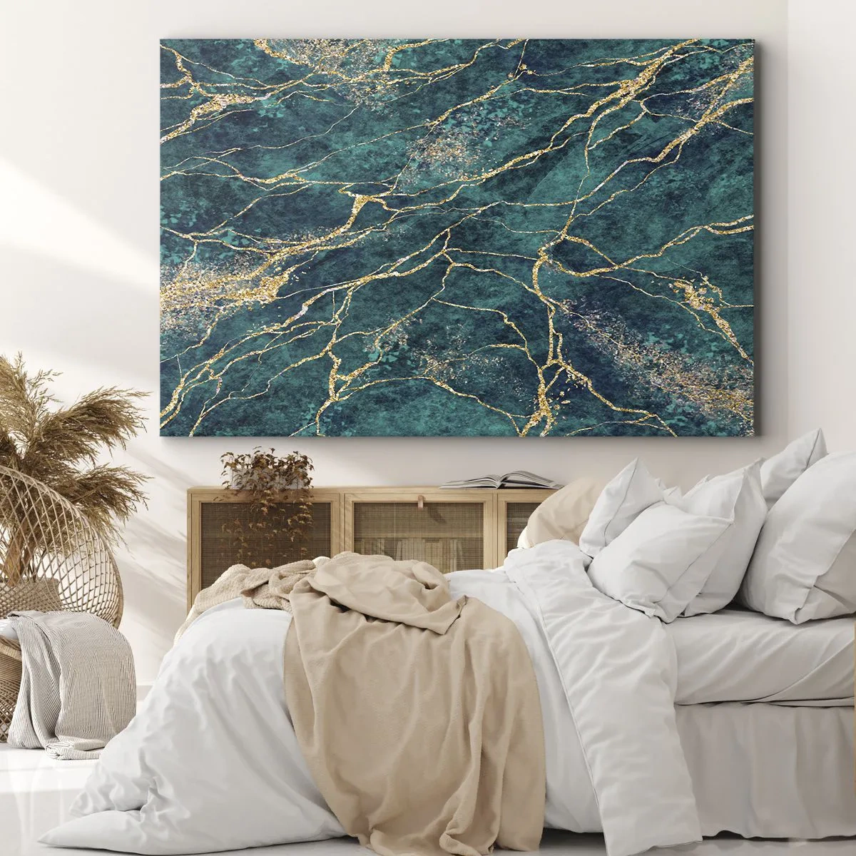 Canvastavla - Bild på duk - Texturerat marmormönster i nyanser av turkos och guld - 70x50cm - Guldåder - Modern väggdekoration för vardagsrum och sovrum ARTTOR