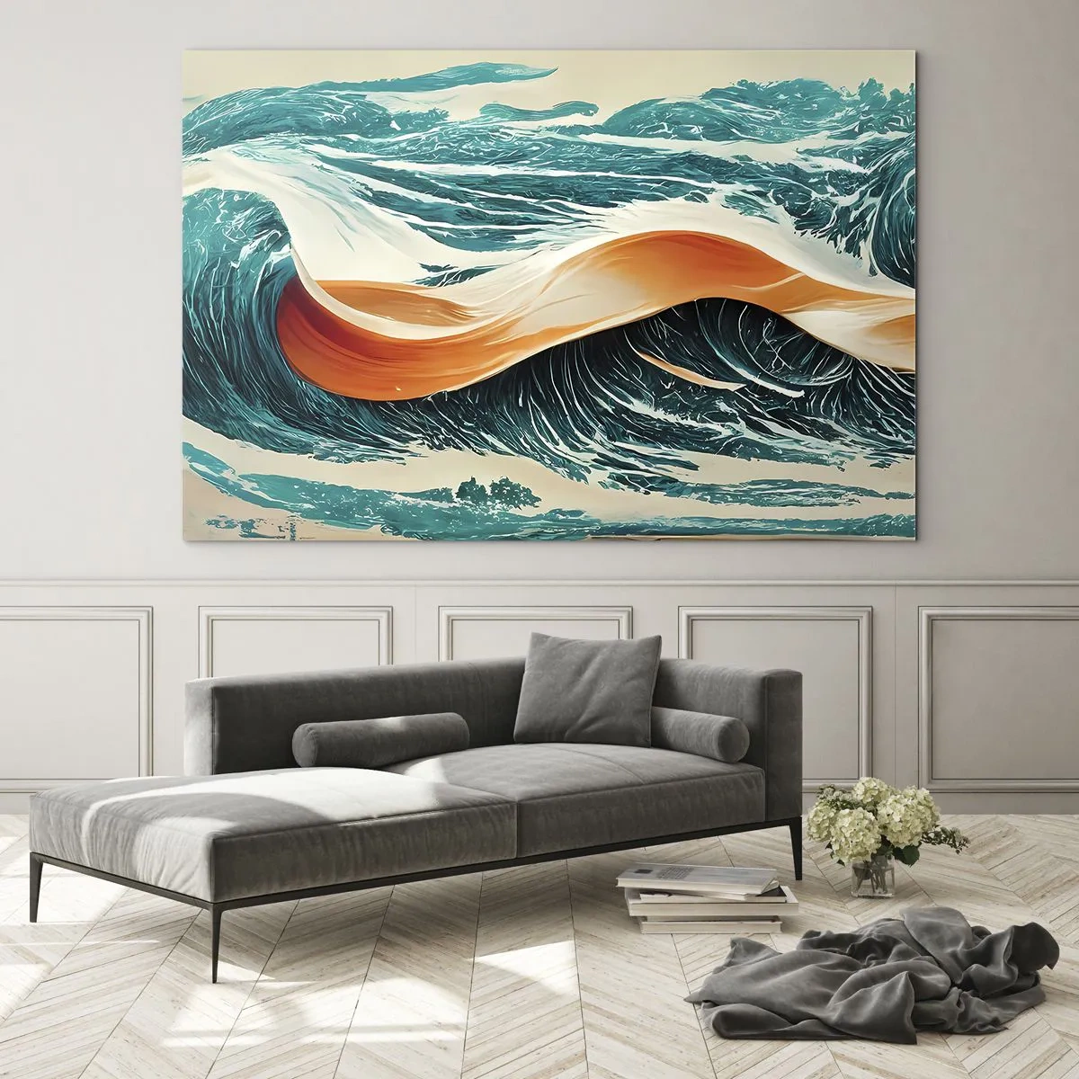 Glastavla - Bild på glas - Turkosa vågor med ett orange band i surrealistisk stil - 70x50cm - Surfarens dröm - Modern väggdekoration för vardagsrum och sovrum ARTTOR