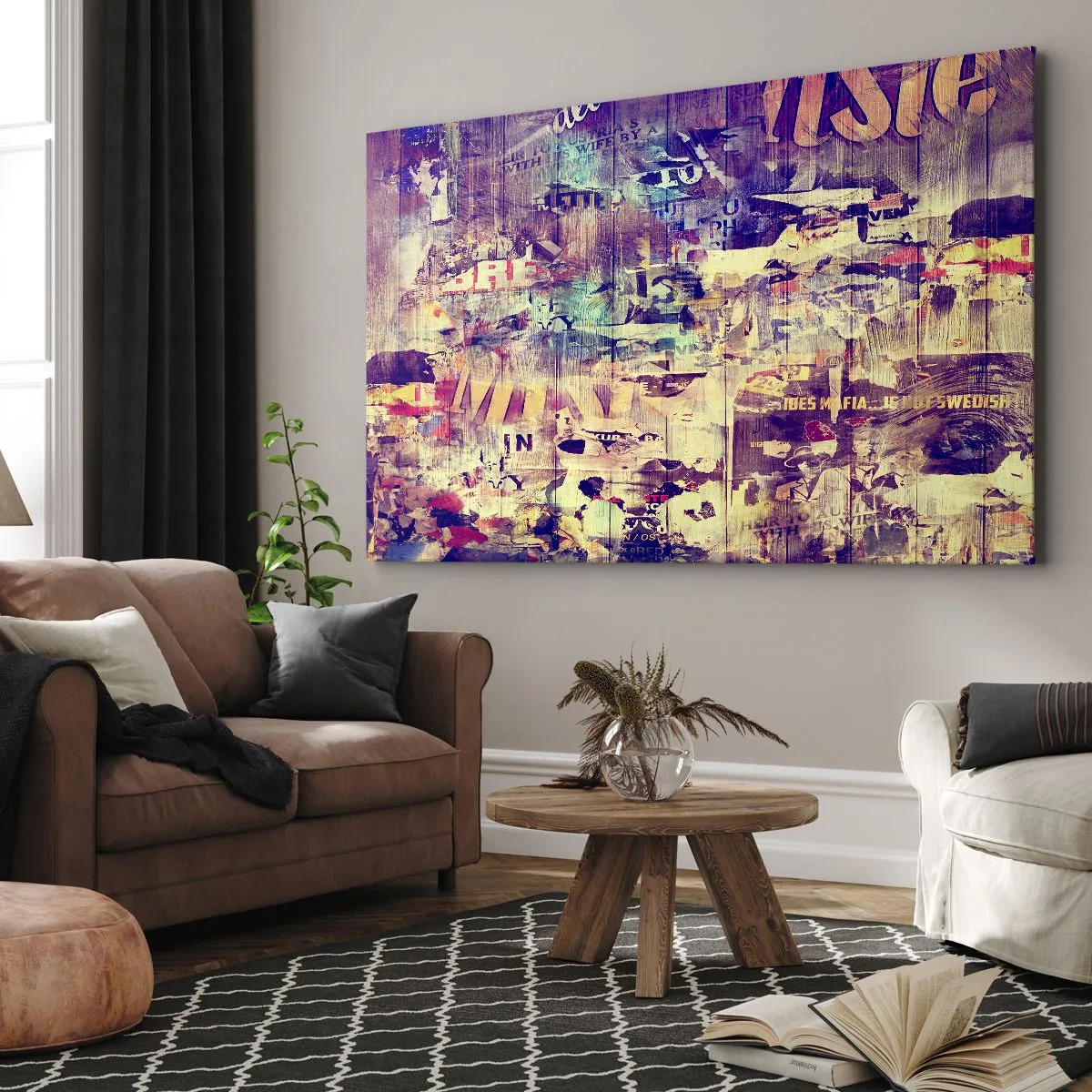 Canvastavla - Bild på duk - Färgglatt abstrakt collage med text och grafik - 70x50cm - Och så mycket blir det klar - Modern väggdekoration för vardagsrum och sovrum ARTTOR