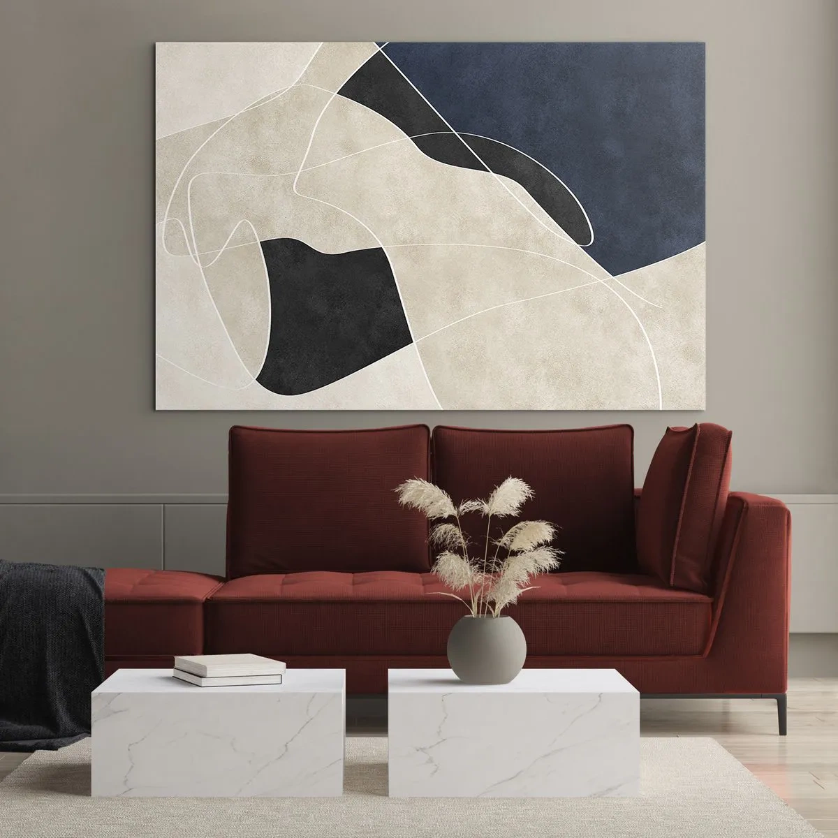 Glastavla - Bild på glas - Modern abstraktion med kontrasterande former och linjer - 70x50cm - Abstrakt komposition - färgkontrast - Modern väggdekoration för vardagsrum och sovrum ARTTOR
