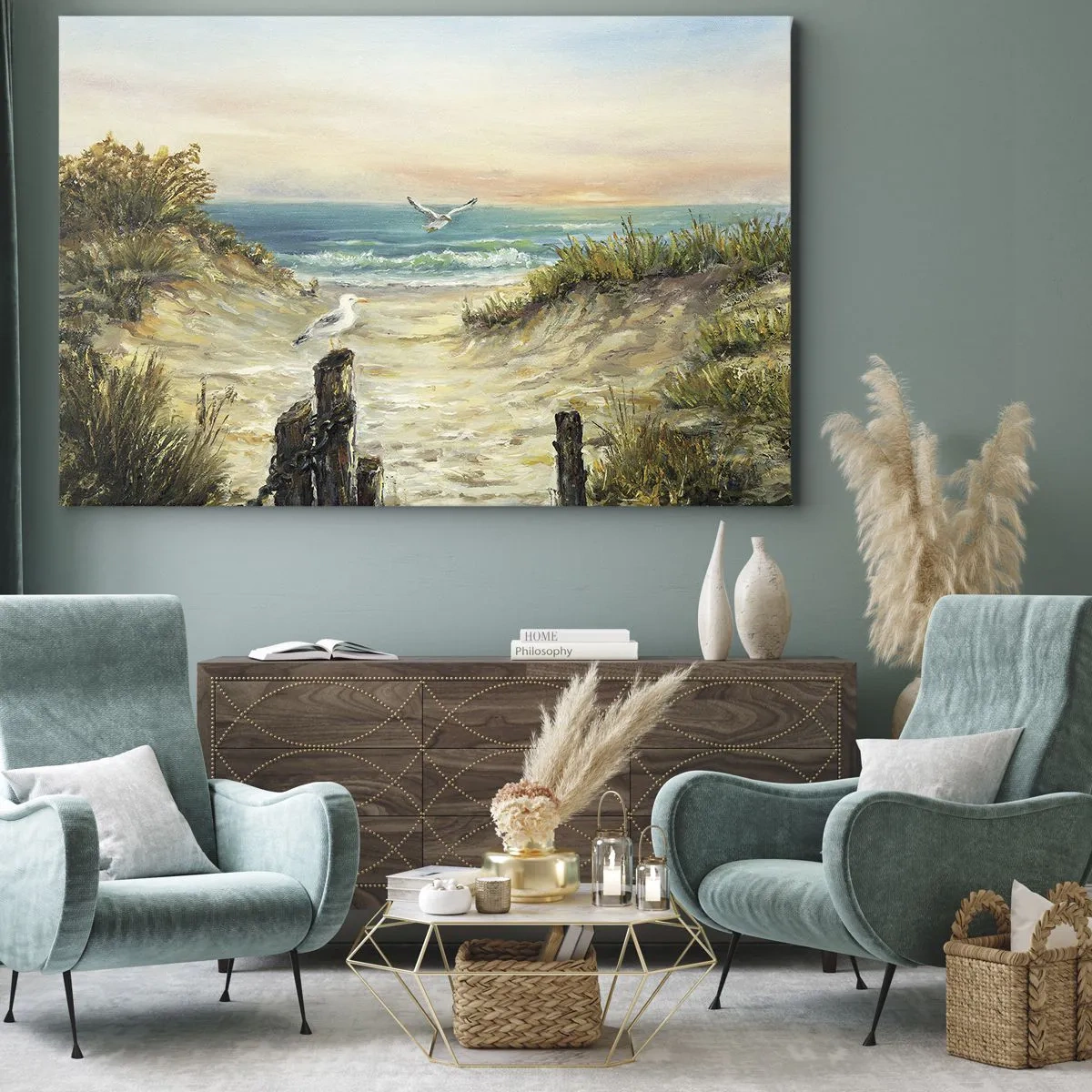 Canvastavla - Bild på duk - Kust med måsar och sanddyner vid solnedgången - 70x50cm - Vindstilla - Modern väggdekoration för vardagsrum och sovrum ARTTOR