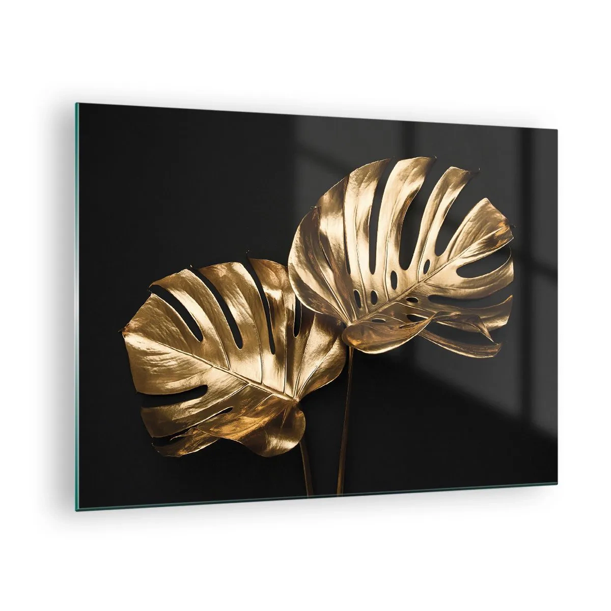 Glastavla - Bild på glas - Gyllene monsterablad på svart bakgrund - 70x50cm - Naturens skatter - Modern väggdekoration för vardagsrum och sovrum ARTTOR