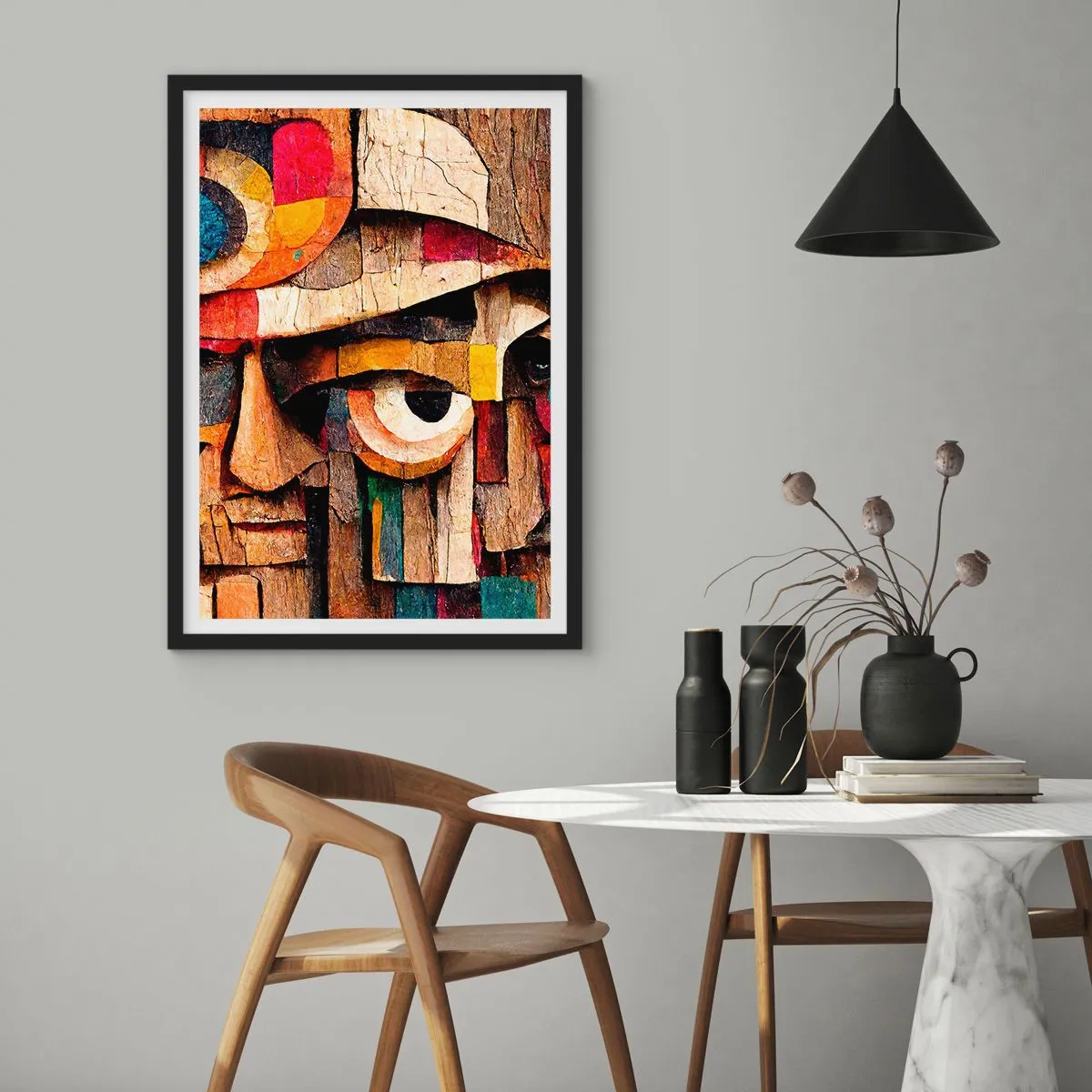 Affisch i svart ram - Ett abstrakt ansikte gjort av färgglada träklossar. - 50x70cm - Jag ser dig... - Modern väggdekoration för vardagsrum och sovrum ARTTOR