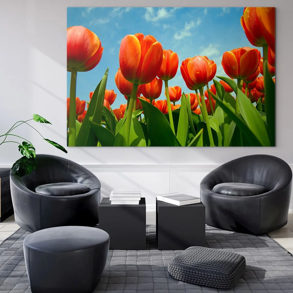 Glastavla - Bild på glas - Förutom blå himmel behöver vi inget annat i livet - 100x70 cm