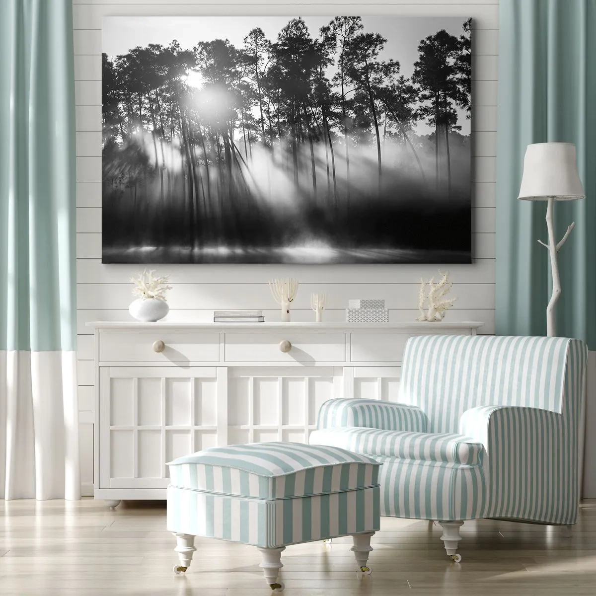 Canvastavla - Bild på duk - Svartvit skog i morgondimman - 70x50cm - Ostoppad sol - Modern väggdekoration för vardagsrum och sovrum ARTTOR