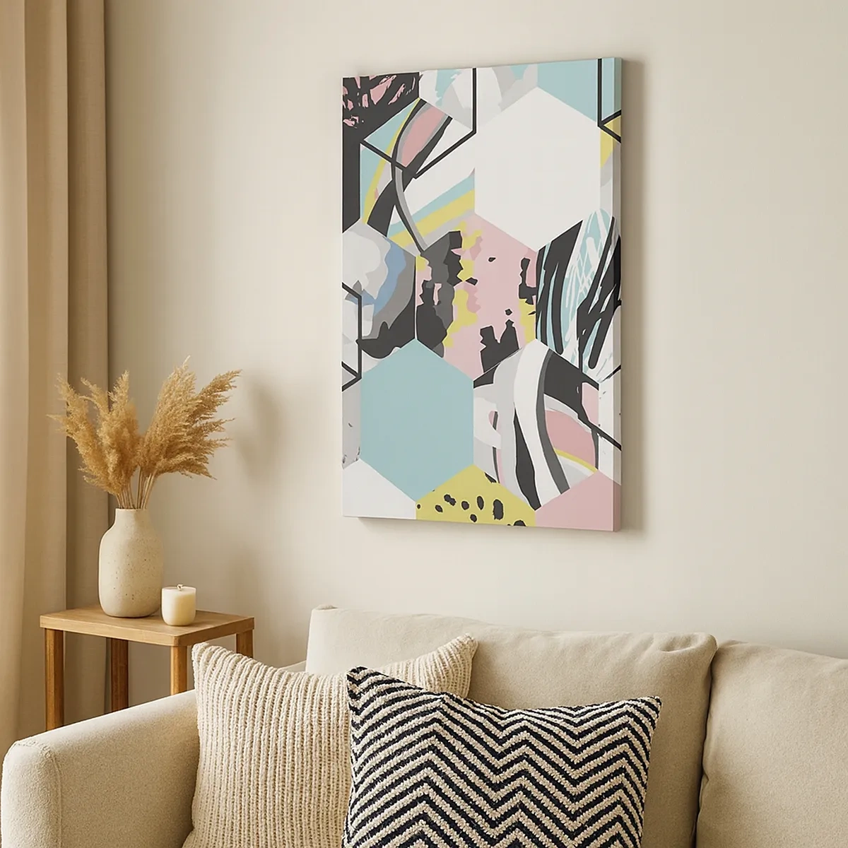 Canvastavla - Bild på duk - Sexkanter och kuber i sex färger - 50x70 cm