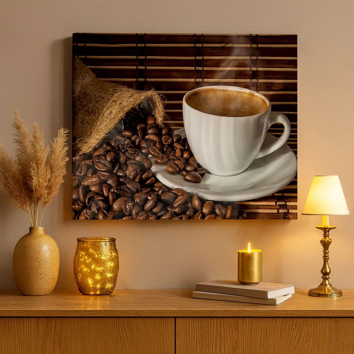 Canvastavla - Bild på duk - En kopp kaffe med bönor på en bambubakgrund - 70x50cm - Kolets svärta, bärnstenens transparens - Modern väggdekoration för vardagsrum och sovrum ARTTOR