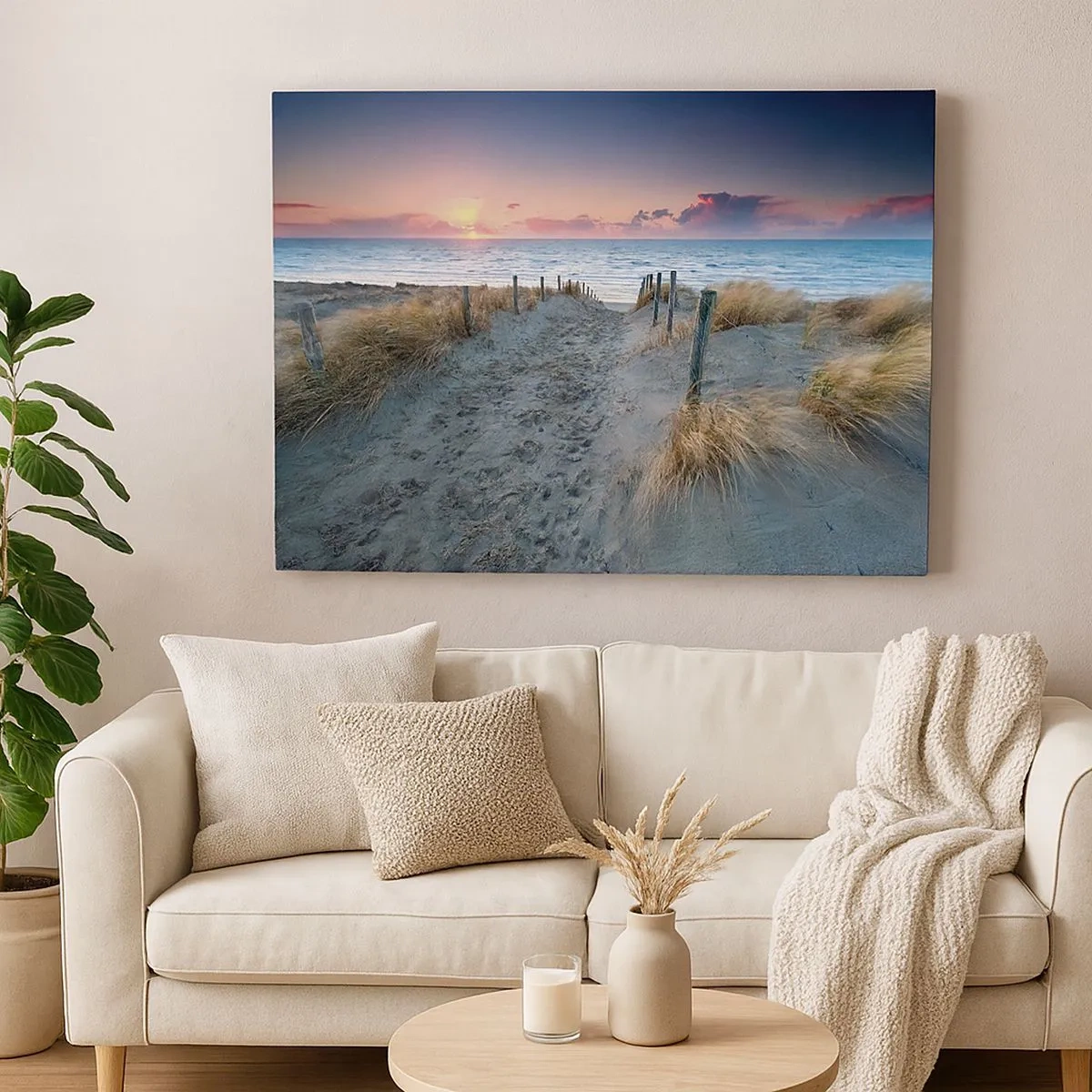 Canvastavla - Bild på duk - Stigen som leder till stranden vid solnedgången - 70x50cm - Utspilld skenregnbåge... - Modern väggdekoration för vardagsrum och sovrum ARTTOR