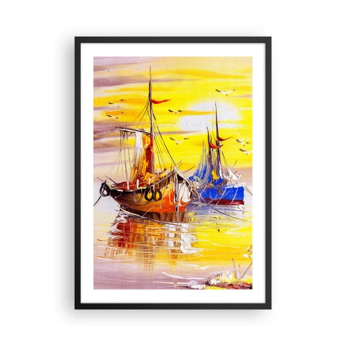 Affisch i svart ram - Färgglada segelbåtar vid solnedgången - 50x70cm - Välförtjänt vila i hamnen - Modern väggdekoration för vardagsrum och sovrum ARTTOR