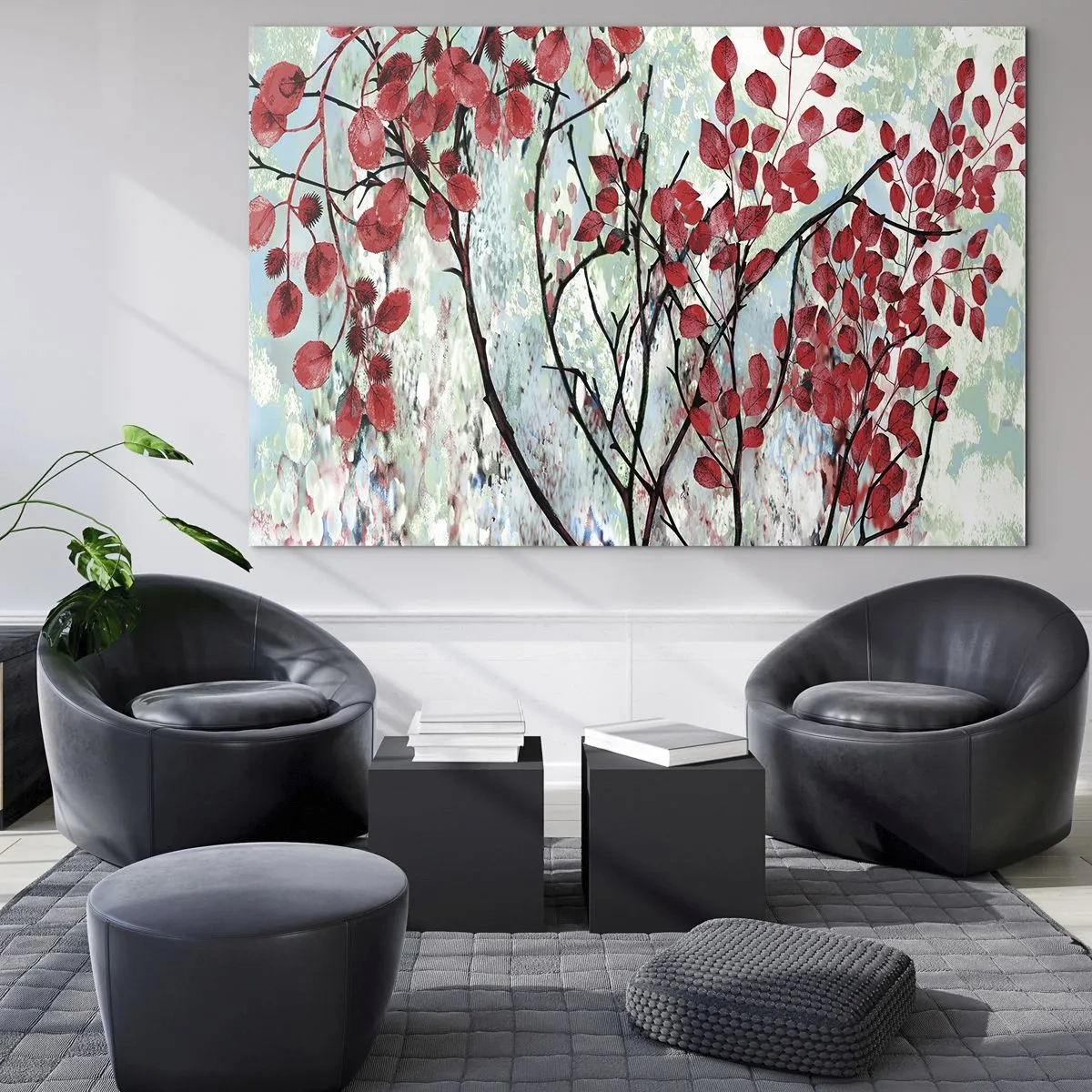 Glastavla - Bild på glas - Grenar med röda blad på en målad bakgrund - 70x50cm - Träd i scharlakansröd - Modern väggdekoration för vardagsrum och sovrum ARTTOR