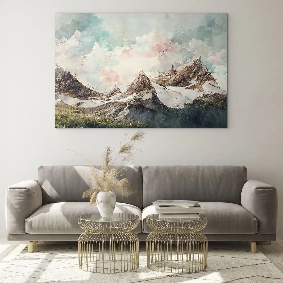 Glastavla - Bild på glas - Pittoreska bergstoppar med pastellfärgad himmel - 70x50cm - Steniga blad - Modern väggdekoration för vardagsrum och sovrum ARTTOR