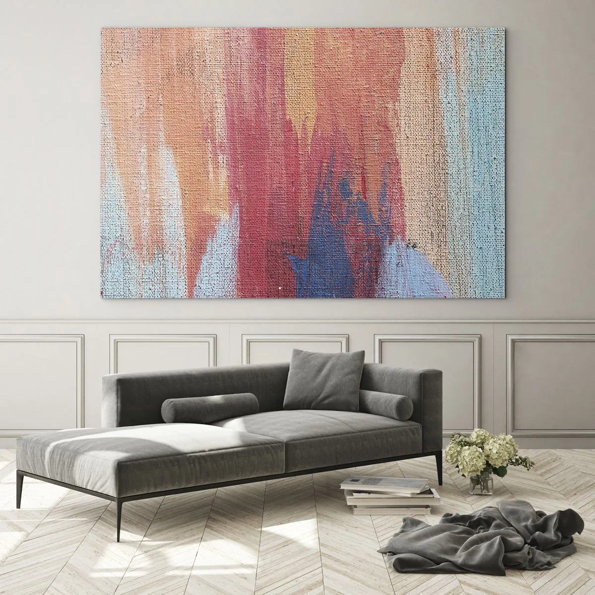 Glastavla - Bild på glas - Färgglada strimmor av färg på dukstrukturen - 70x50cm - Rinnande regnbåge - Modern väggdekoration för vardagsrum och sovrum ARTTOR