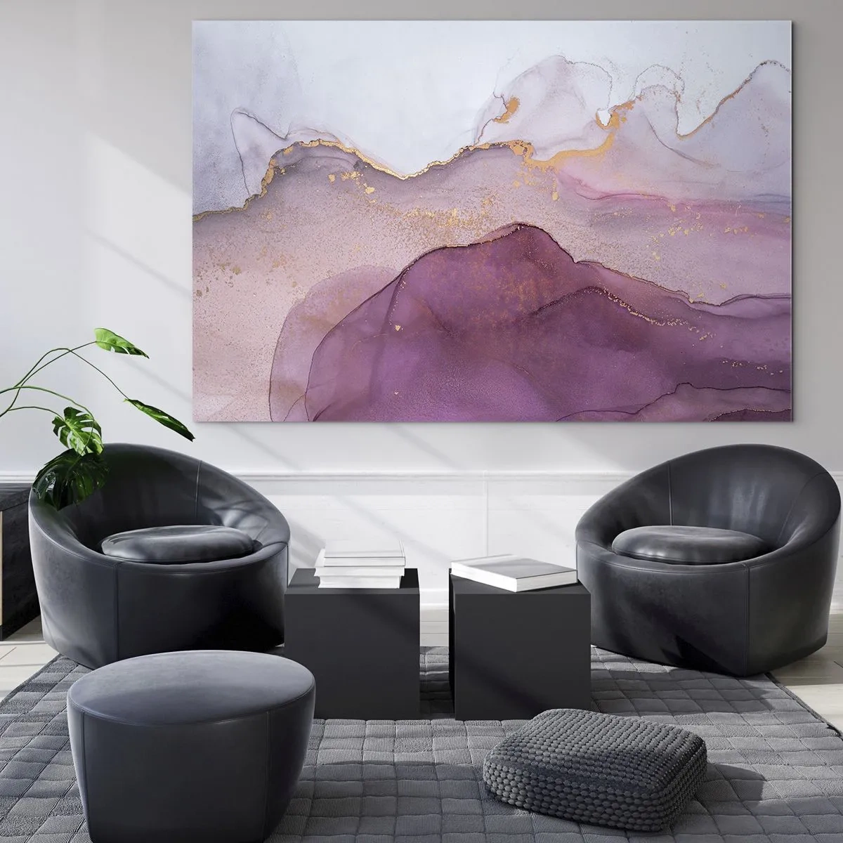 Glastavla - Bild på glas - Abstrakta vågor i nyanser av lila med guldfärgade accenter - 70x50cm - Lila och violett vågor - Modern väggdekoration för vardagsrum och sovrum ARTTOR