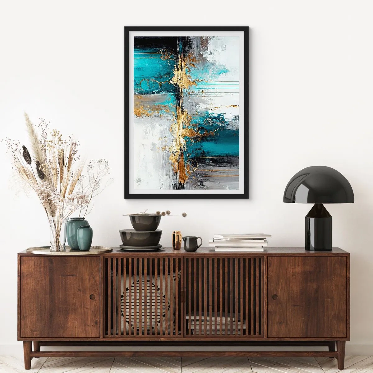 Affisch i svart ram - En abstrakt komposition i nyanser av turkos och guld. - 50x70cm - Allting flödar - Modern väggdekoration för vardagsrum och sovrum ARTTOR