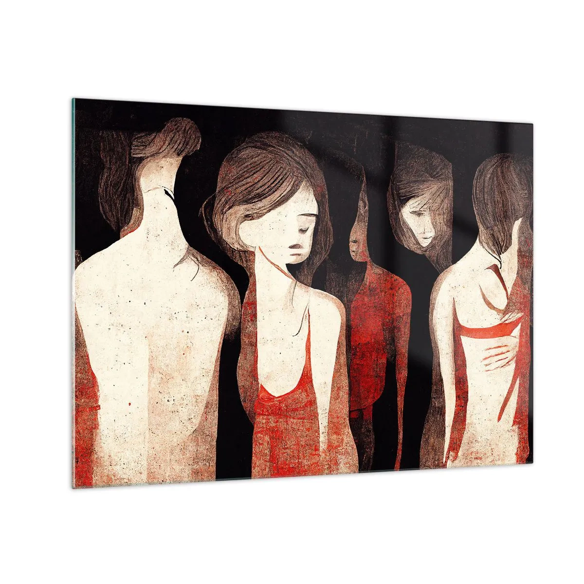 Glastavla - Bild på glas - Abstrakta kvinnliga silhuetter i rött på svart bakgrund - 70x50cm - Madonnor av mörker - Modern väggdekoration för vardagsrum och sovrum ARTTOR