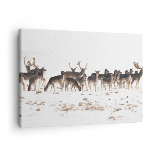 Canvastavla - Bild på duk - En hjortflock mot en snöig bakgrund - 70x50cm - Julen är på väg? - Modern väggdekoration för vardagsrum och sovrum ARTTOR